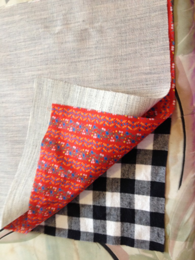 Stack your fabric like this: Outside fabric, right side UP; inside fabric right side Down, interfacing